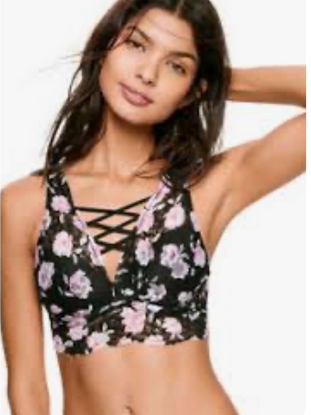 NWT PINK Victoria's Secret Black Lace Floral Push-Up Bralette w/Flowers - M